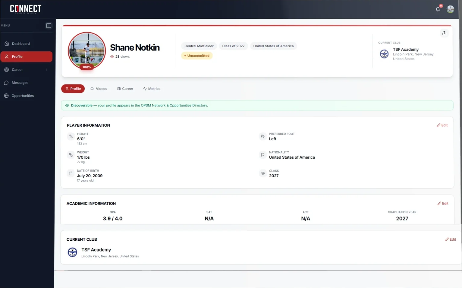 Player Profile on OPSM Connect