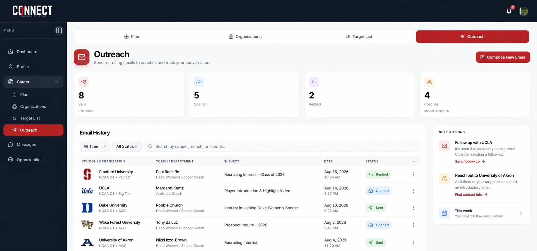 Coach outreach with sent, opened and replied tracking