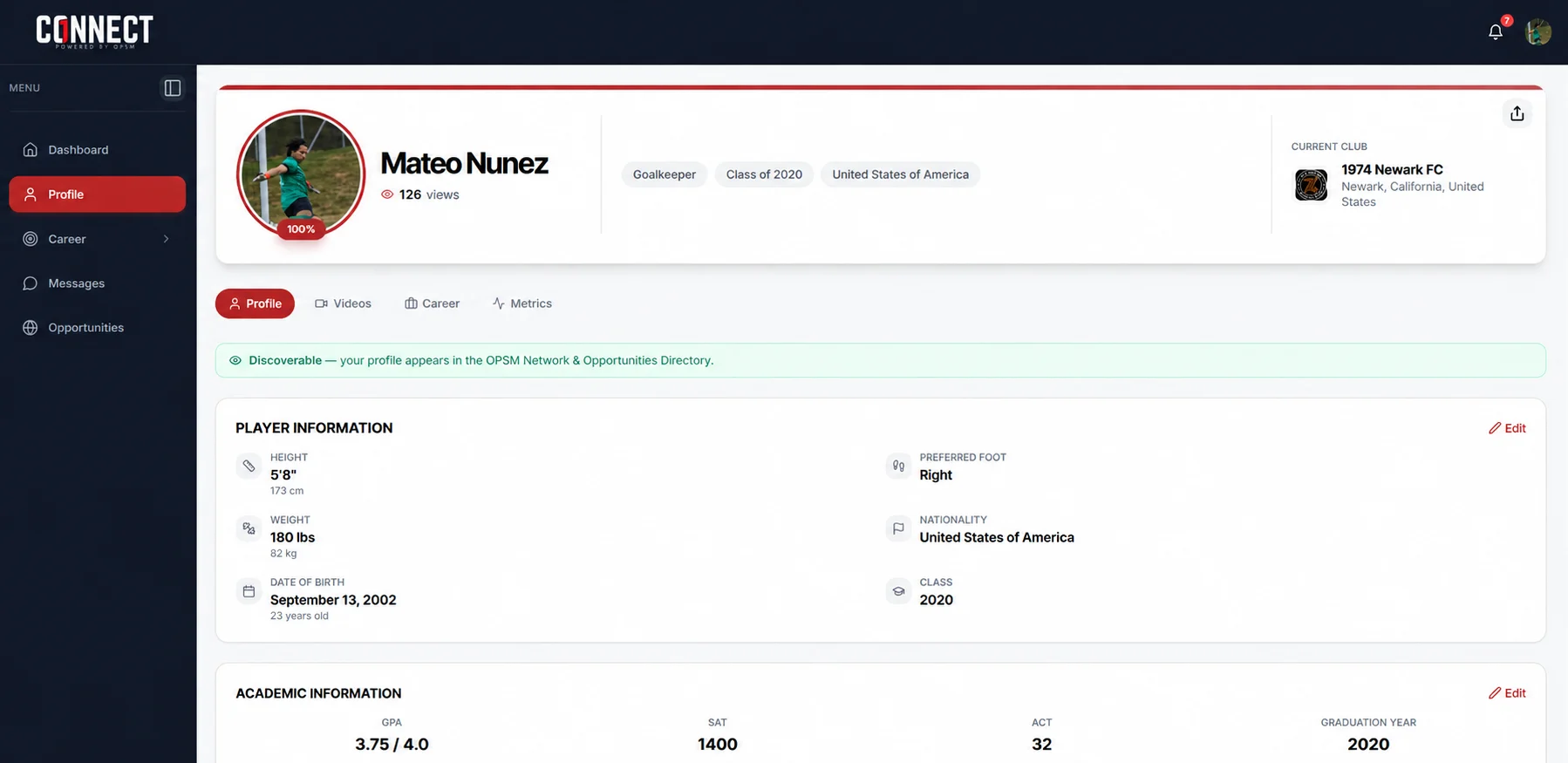 OPSM Connect player profile dashboard