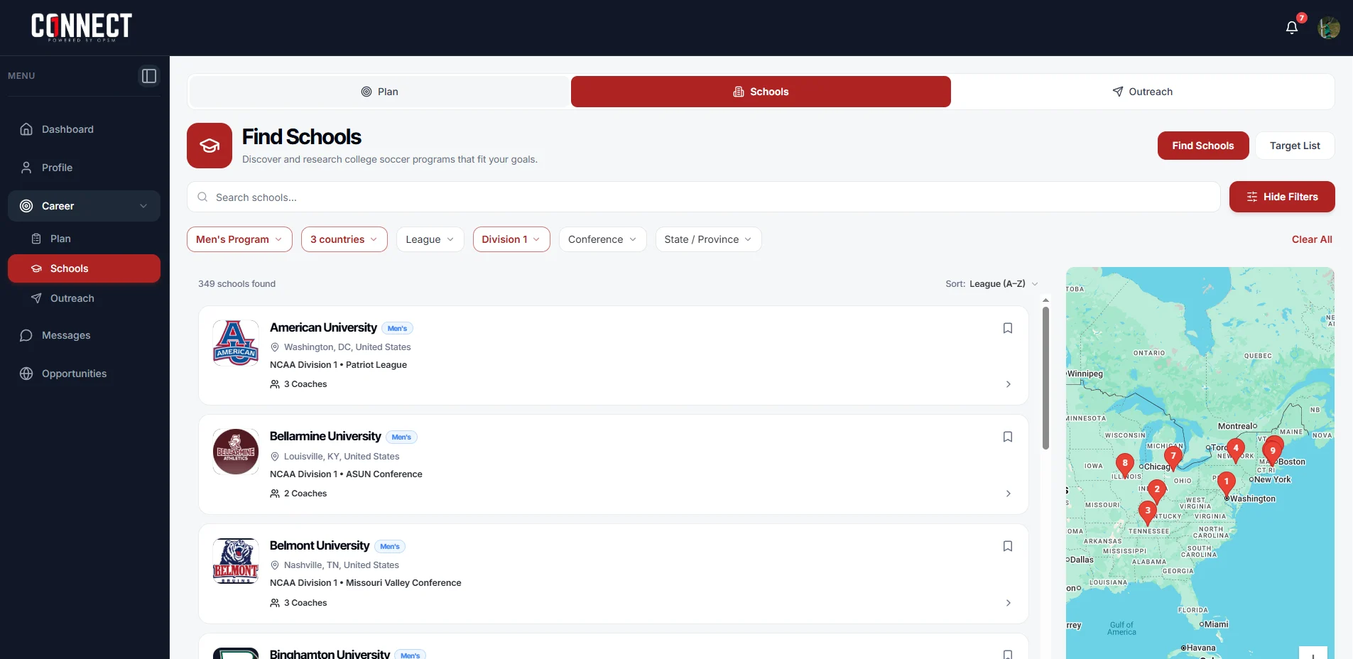 Searching and filtering college soccer programs