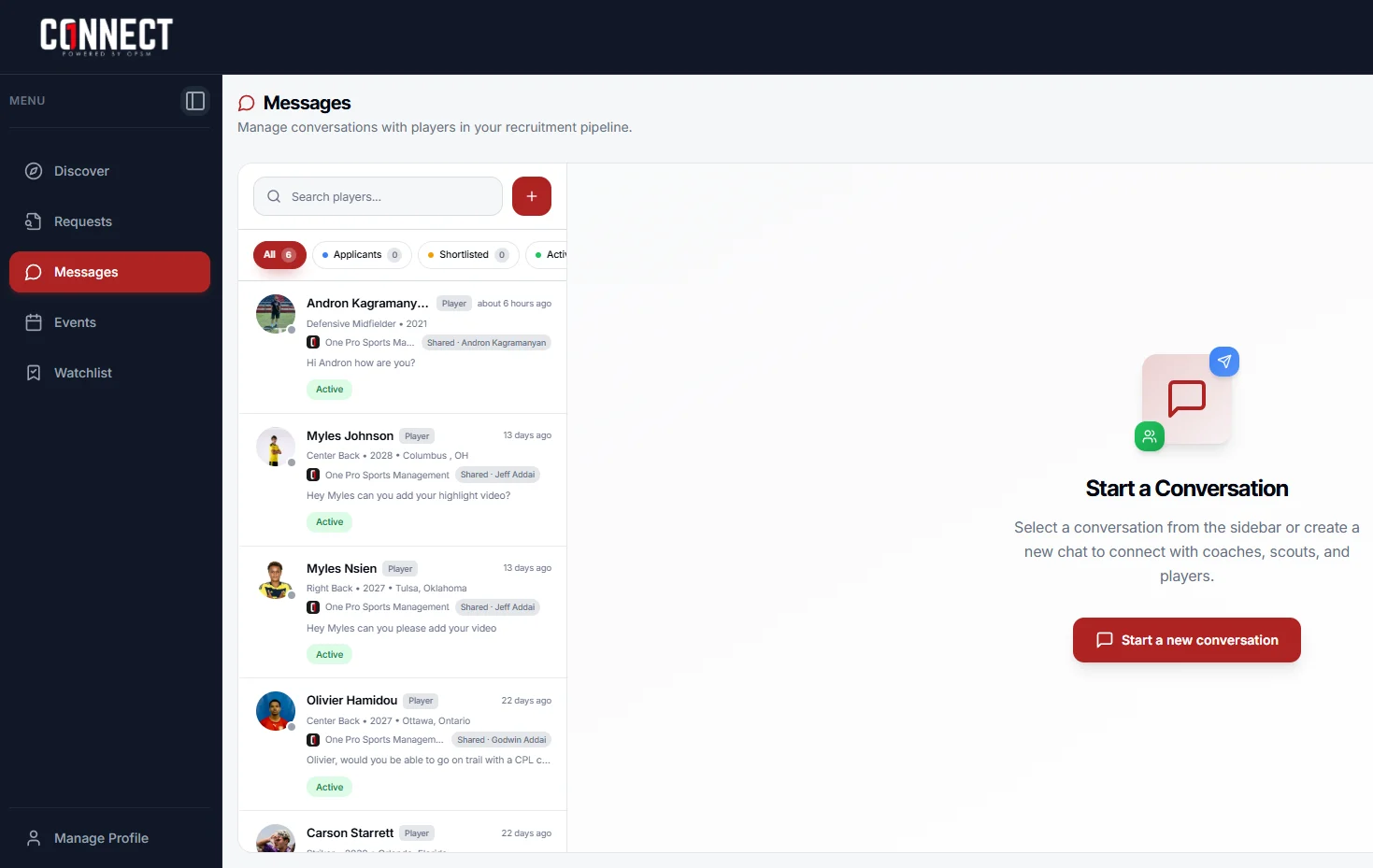 Scout messaging with players and their advisors